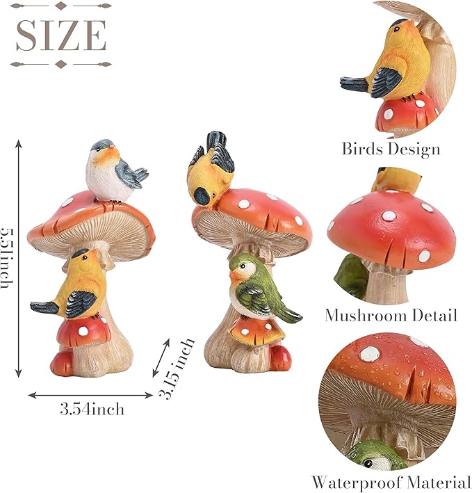 TERESA'S COLLECTIONS Garden Decor, Set of 2 Cute Birds and Mushrooms Garden Decor, Waterproof Resin Garden Statue, Birds Gift, Garden Gift for Women Mom, Indoor/Outdoor