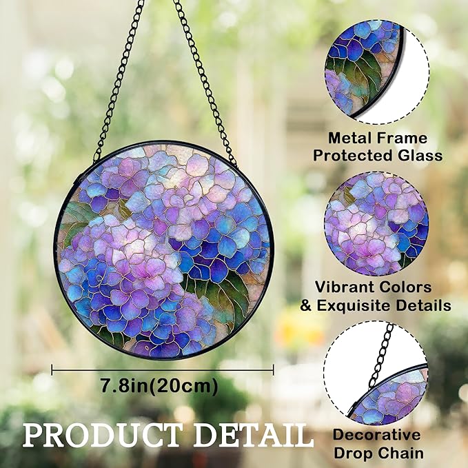 Hydrangea Decor, Spring Hydrangea Flower Suncatchers Stained Glass Window Hanging, Flower Sun Catchers Indoor Window Glass Round Wall Decor, Floral Wall Hanging Decorations, 7.9x7.9in