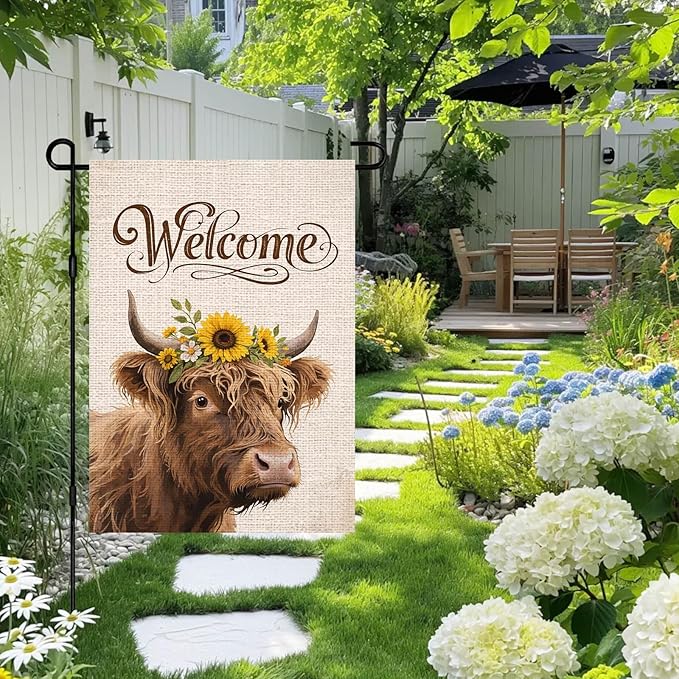 IVN Highland Cow Garden Flag 12x18 Inch – Welcome Burlap Flag with Sunflower Crown, Double Sided Outdoor Yard Flag for Porch Lawn Patio Decor