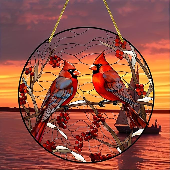 5.9'' Acrylic Window Hanging Cardinal Suncatcher Decor, Red Bird Suncatcher Panel Outdoor Wall Art Stained Panel Hangings Gift for Home Garden Ornament for Birds Lover