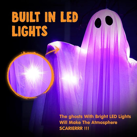 JOYIN 47” Halloween Hanging Light up Ghost Decoration Outdoor with Purple LED Light, 2 Pcs Halloween White Hanging Ghost for Haunted House Prop, Party Supplies, Front Yard Patio Garden Decor