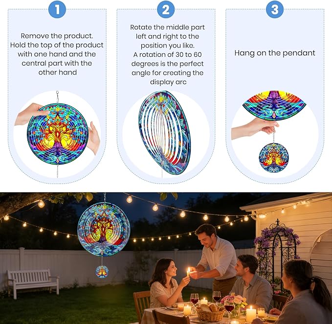 Wind Spinners Outdoor Colorful Tree of Life, 12 inch Laser Cut Metal Art Geometric Pattern Wind Spinners Decor Birthday Gifts for Women, Mom - Hanging Kinetic for Yard, Garden, Patio, Outdoor