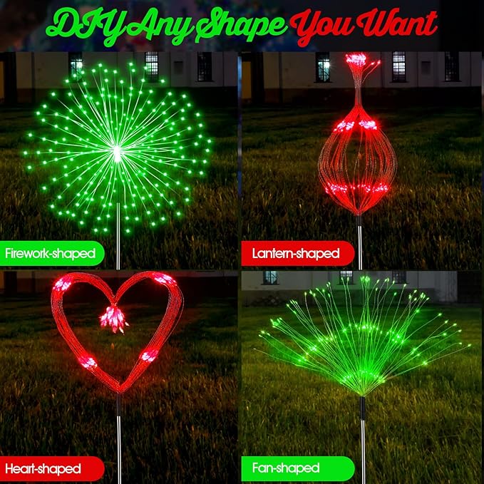 Tujoe 6 Pcs Christmas in July Solar Firework Stake Lights 180 LED 8 Modes Solar Waterproof LED Sparkler Lights Outdoor Decoration for Garden Patio Yard Pathway Walkway Lawn (Red, Green)