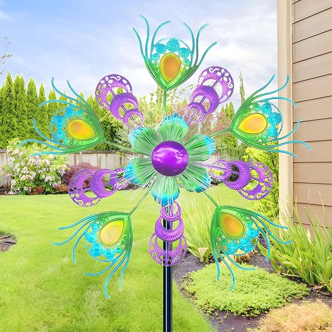 40" Solar Peacock Wind Spinners Garden Stake, Solar Wind Sculpture Yard Art Decorations for Lawn, Patio & Yard & Garden Decor, Metal Green Whirligigs Wind Spinners Outdoor