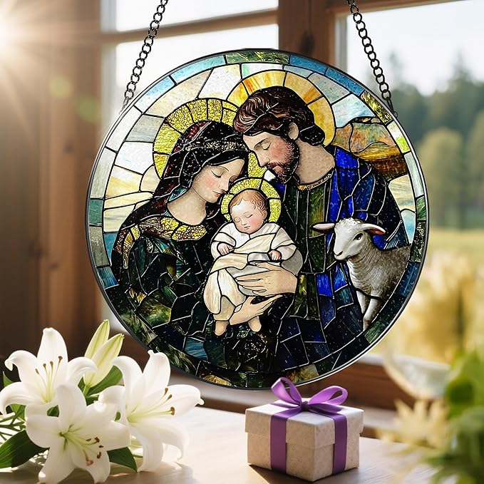 8-Inch Nativity Scene Stained Glass Suncatcher Ornament, Christian Stained Glass Window Hanging, Religious Ornament, Christmas Hanging Decor โ Gifts for Christmas, Christian Gift, Religious Gift