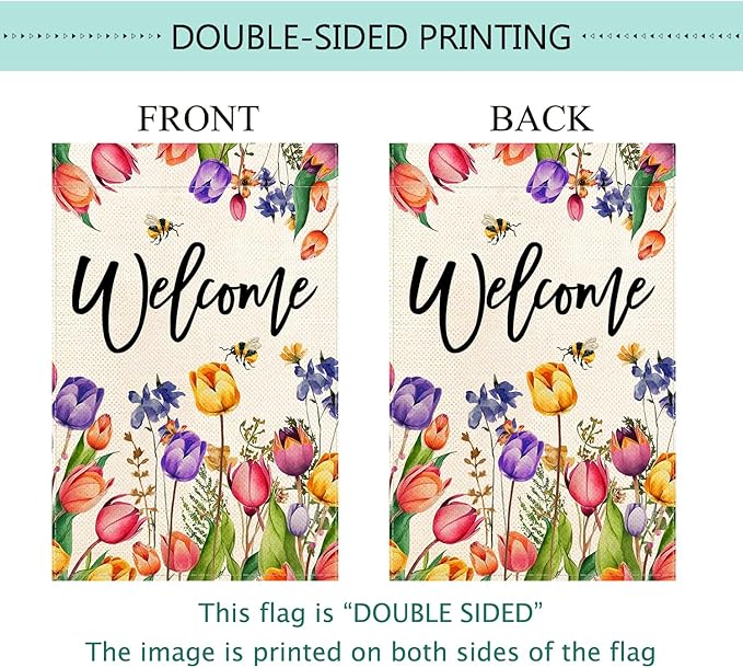 Baccessor Spring Summer Easter Tulip Welcome House Flag Double Sided Bee Colorful Floral Burlap Yard House Seasonal Farmhouse Outside Outdoor Decoration 28 x 40 Inch(large)