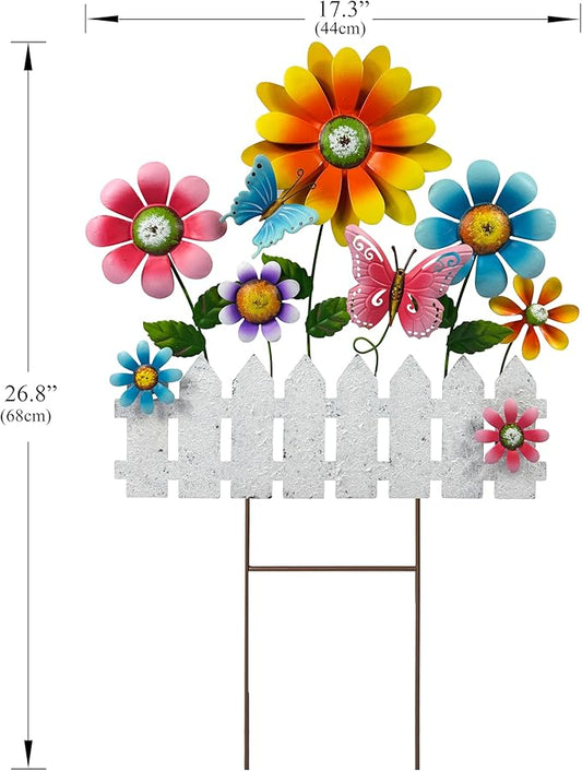 Colorful Flower Garden Stake with Butterflies & White Fence, Outdoor Yard Art Decor, Metal Floral Lawn Stakes for Garden, Patio, Flower Bed, Spring & Summer Outdoor Decoration