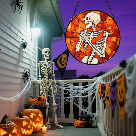 Stained Glass Window Hanging - Halloween Decorations Fear Skeleton Suncatcher for Doors Garden Indoor Spooky Funny Sun Catchers Gothic Decor Horror Gifts for Women Men Friend 15 in