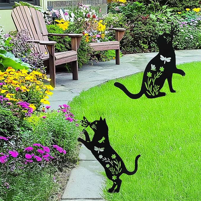 Flohuaer 2PCS Cat Metal Garden Stakes Decorative Unique Gifts for Women/Men Cat Lovers Black Silhouette Statues for Outside Yard Art Outdoor Patio Lawn Ornaments Garden Decorations