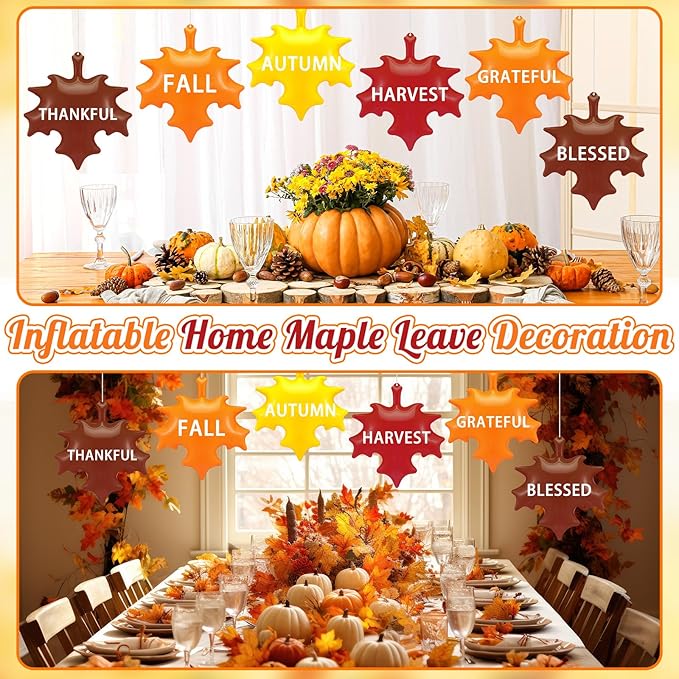 Leyndo 12 Pieces 14 Inch Thanksgiving Fall Inflatable Maple Leaf Outdoor Decorations Autumn Maple Leaf Inflatable Hanging Ornaments Decor Fall Blow up PVC Ornaments for Harvest Party Supplies