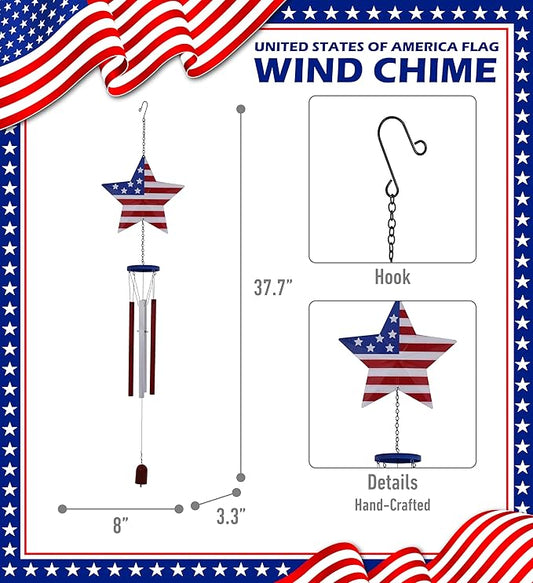 CoTa Global USA Flag Star Wind Chime - American Flag Patriotic Indoor or Outdoor Windchime Home Decor with Hanging Bells, Handcrafted Glass and Metal Wind Chimes for Yard, Garden, Porch – 37.7 Inch