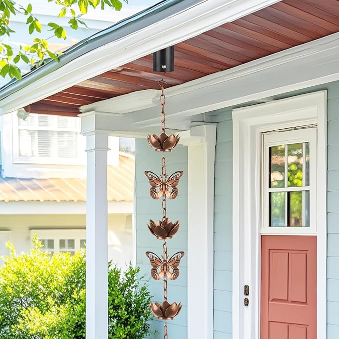 8.8ft Rain Chain for Gutters Downspouts Outside,Butterfly Rain Chain Cups with 12 Copper Chain Adjustable Lotus Rain Catcher Chain Functional and Decorative Replacement for Gutter Downspouts