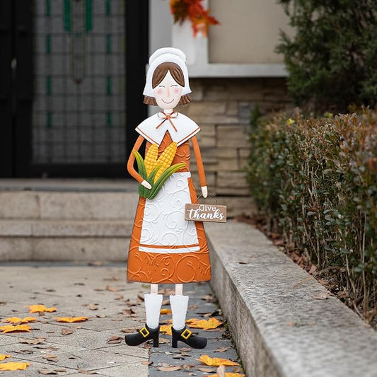 Glitzhome Thanksgiving Yard Stakes Metal Pilgrim Girl Yard Signs Hanging Wall Decors for Thanksgiving Fall Harvest Outdoor Decorations, 36" H