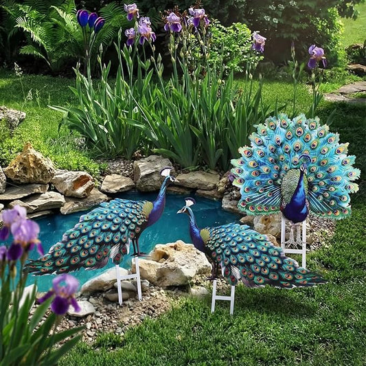 Riakrum 4 Pcs Metal Peacock Statue Garden Decor Outdoor Metallic Peacock Tail Spread Yard Lawn Decoration Housewarming Birthday Gifts for Patio, Lawn, or Entryway, Multicolor
