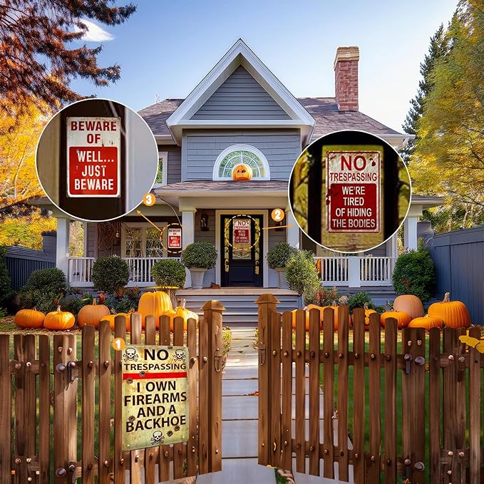 3 PCS Retro Halloween Decor Indoor&Outdoor Warning Signs No Trespassing We're Tired of Hiding The Bodies 7.9x11.8 inch Funny Metal Signs for Yard Gothic Room Wall Decorations