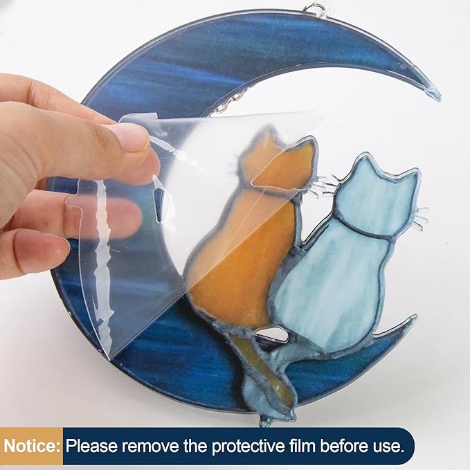 Blue Moon Cat Window Decoration Hanging, Alloy Stained Painting, Acrylic Moon Wall Decor for Courtyard, Gift for Pet Animal Enthusiasts