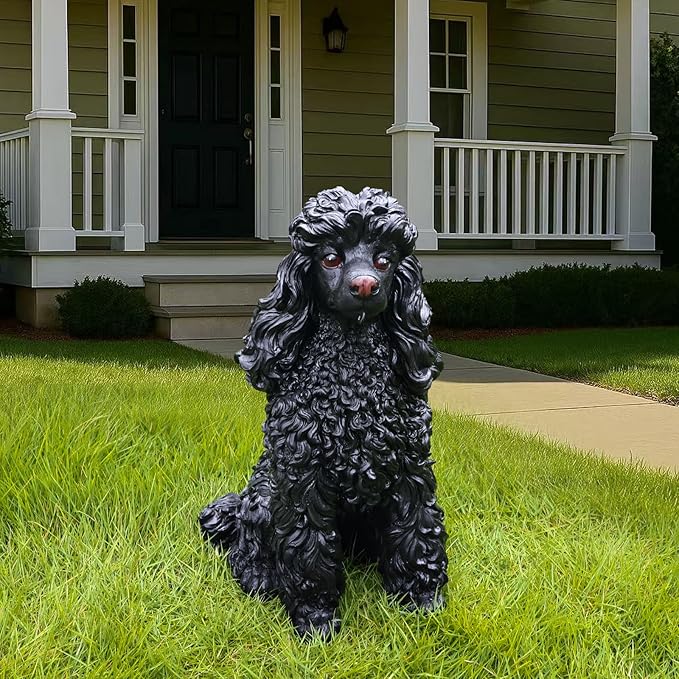 Black Poodle Garden Statue with Solar Lantern - 14.4" Large Dog Outdoor Decor with Double-Sided "Welcome/On Patrol" Sign, Waterproof Resin Puppy Figurine for Yard, Porch, Patio, Pet Memorial Gift