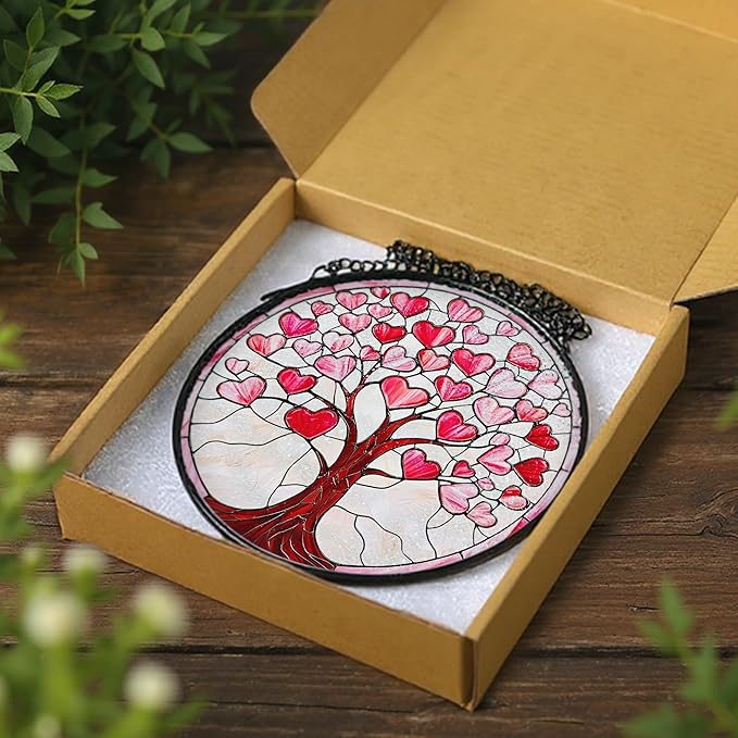 Stained Glass Window Hanging - 8 Inch Love Heart Tree Sun Catcher, Suncatcher Window Decor | Anniversary, Birthday, Christmas, Mother's Day, Valentineโs Day Gifts for Lover, Wife, Girlfriend, Mom