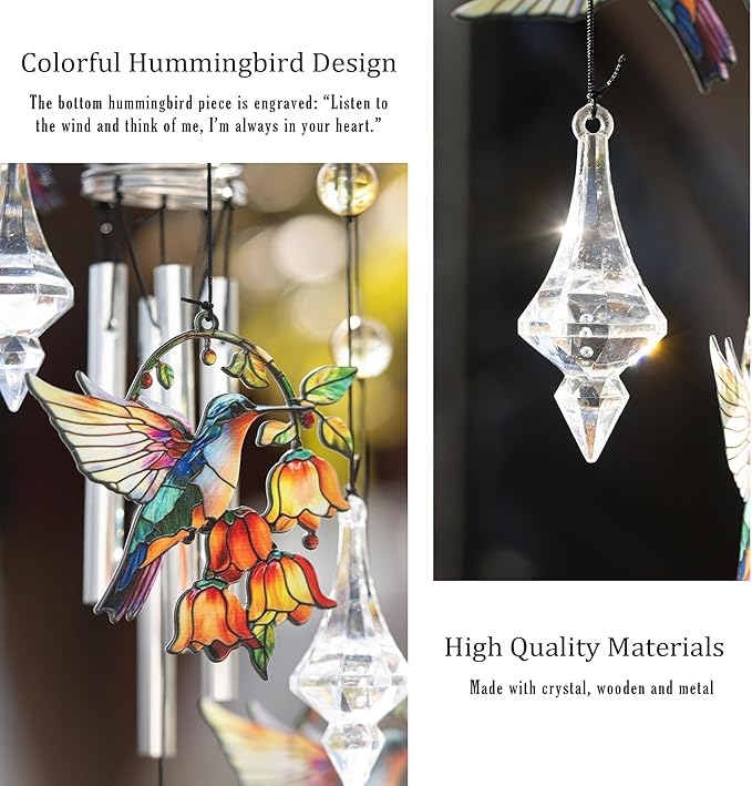 HDCRYSTALGIFTS Hummingbird Wind Chimes for Outside, 27'' Memorial Windchimes Outdoors, Hummingbirds Gifts for Women, Metal Chimes Window Garden/Yard Decor, Memorial/Birthday Gifts for Grandma/Mom