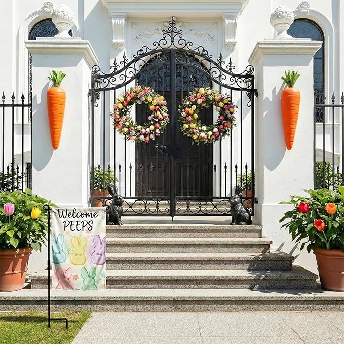 Welcome Peeps Bunny Easter Garden Flag 12 x 18 Inch Double Sided Outside Flag, Painted Rabbits, Welcome Spring Flag Outdoor Yard Easter Holiday Decoration