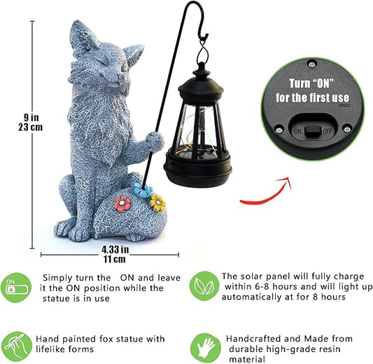 Fox Statue for Garden Decor, Garden Statue with Solar Power Light for Outdoor Patio Porch Lawn Yard Backyard Oudside Indoor Shelf Decoration,Praying Fox Sculptures Gifts for Mom Grandma