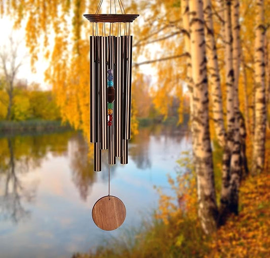 Woodstock Wind Chimes for Outside, Garden, Patio, Porch, Outdoor Decor, Meditation Yoga, Awareness and Relaxation (24") Woodstock Chakra Chime Seven Stones Large Size Bronze Wind Chime Gifts (CC7LBR)