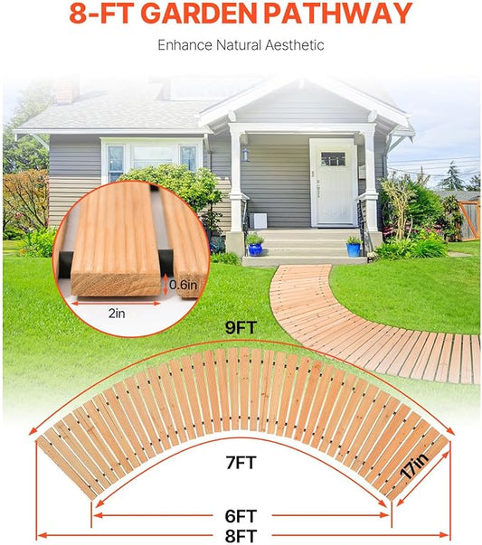 Happybuy Wooden Garden Pathway, 8 ft x 17 in, Non-Slip Curved Walkway. Roll Out Cedar Outdoor Path with Wire Rope Connection. Decorative for Backyard Boardwalk Wedding Party.