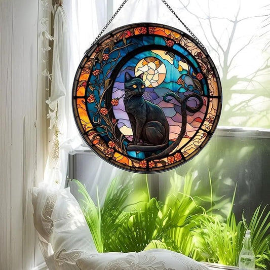 Black Cat Stained Glass Window Hanging,7.87’’ Stained Glass Suncatcher for Window for Cat Lovers,Hanging Ornaments Round Women Gifts for Family Friends, Housewarming Gift (A Style)