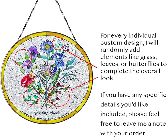 Personalized Grandma Stained Glass Sun Catcher, Custom Birth Month Flower Stained Glass, Grandma's Garden Suncatcher Window Hanging Ornament, Mothers Day Grandma Mom Gifts, Gifts for Nana Mimi 1