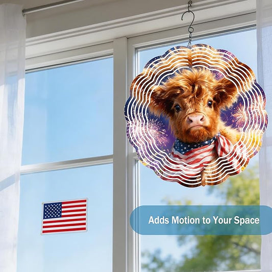 Wind Spinners Cow Fireworks Red White Blue Art 9.8 x 9.8 Inch Metal Wind Spinner Outdoor Garden Decor Festive Illustration Decorative Wind Spinners for Yard Patio