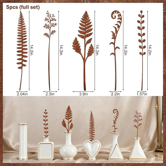 5 Pcs 14.2'' Longer Rusty Metal Flowers and Plants, Rustic Metal Fern Leaf Garden Stakes, Rusty Plant Shaped Decoration for Flower Arrangement Potted Plants Outdoor Lawn Yard Courtyard Art