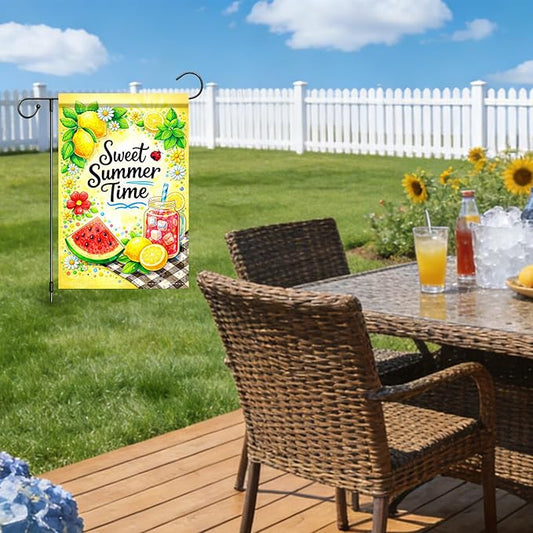 Nuxovilar Summer Garden Flag Sweet Summer Time Lemon Watermelon Picnic Pattern Polyester 12x18 Inches Garden Flags for Outside Fresh Decor Yard Porch Lawn