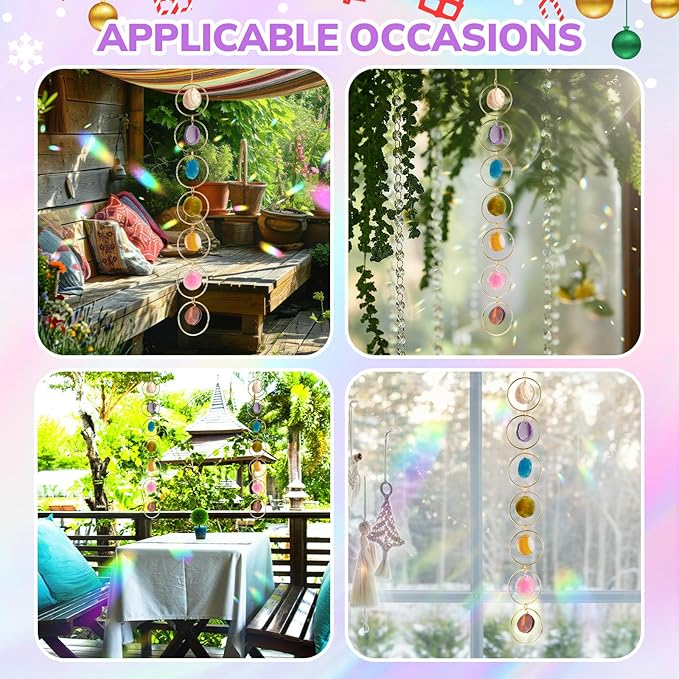 Thyle Healing Crystal Wind Chimes for Outside Window 7 Chakra Hanging Crystal Sun Catchers for Easter Indoor Outdoor Home Wall Decor Birthday Gifts(Agate Style)