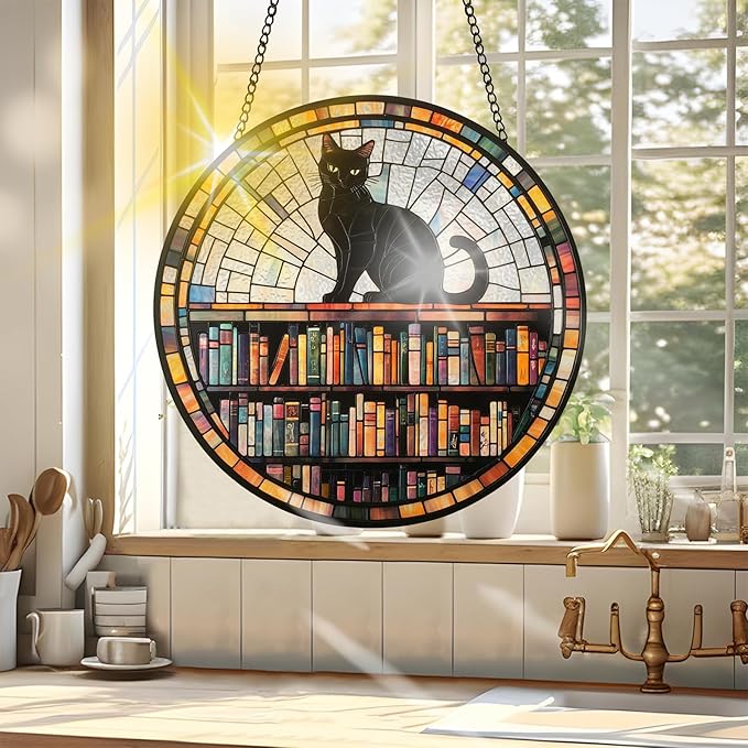 VAIIEYO Book Sun Catcher Stained Glass Window Hanging Ornament, Handmade Sun Catcher Black Cat Animal Decoration with Hooks for Window Garden Home, Christmas & Birthday Housewarming Gift (7.8 inch)