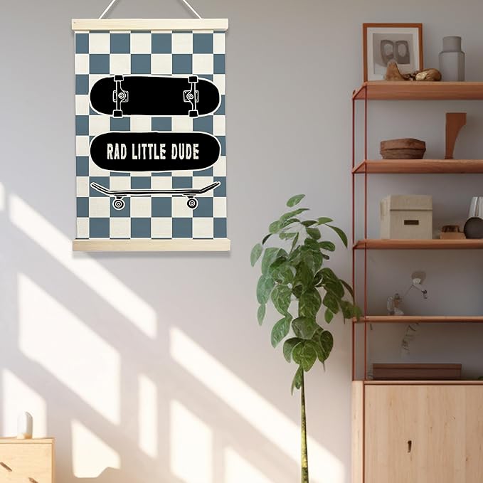 NQDWX Skateboard & Blue Checkered Little Man Cave Banner - Boys Room Wall Decor, 12x17 Inch Canvas Hanging Flag with Wood Frame, Cool Preppy Skate Poster for Bedroom, Playroom & Nursery. (130)