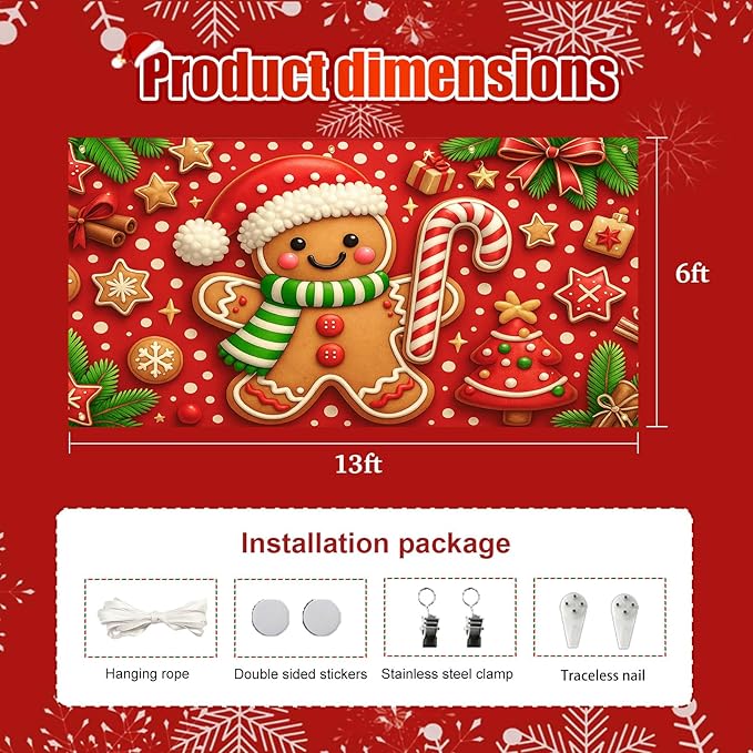 HOMETITUTE Christmas Door Banner 13x6ft Festive Gingerbread Man Red White Candy Cane Red Polka Dot Background Holiday Porch Decoration Winter Seasonal Merry Christmas Front Door Cover