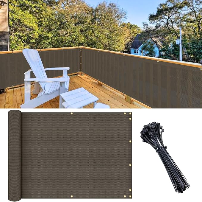 SunnyRoyal 3'x10' Balcony Privacy Fence Screen Apartment Railing Deck Cover, 3FT Outdoor Patio Screens with Zip Ties, HDPE Shade Cloth with Grommets, Mesh Fabric for Porch Backyard, Brown
