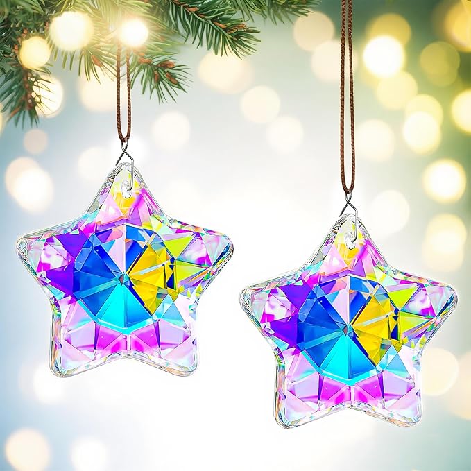H&D HYALINE & DORA 2 Pack Crystal Sun Catcher Star Prisms 2" AB Colored Hanging Crystals for Window Rainbow Maker Glass Prisms Suncatchers for Home Garden Christmas Decor