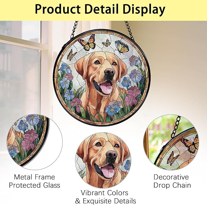 TNUW Labrador Retriever Flower Stained Glass Window Hanging, Labrador Retriever Gifts Sun Catchers Indoor Window Glass Round Wall Art Decor, Dog Sunflower Wall Hanging Decorations, 7.9"x7.9"