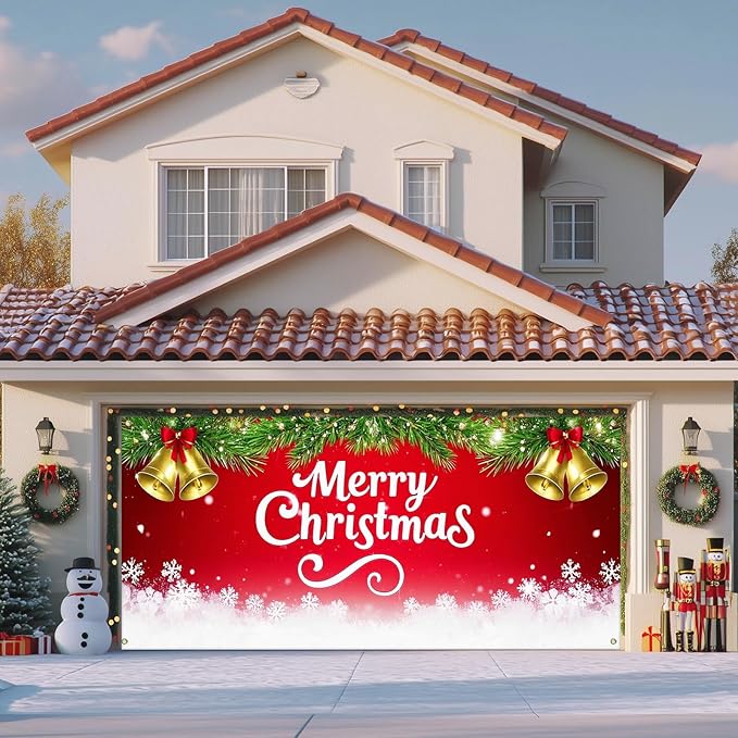 IVN Merry Christmas Happy New Year Garage Door Banner 13x6 ft Christmas Garage Door Cover Wnter Scene Background Indoor Outdoor Red Bells Bows Snowflake Pine Holiday Decorations for Home and Events Wall Backdrop Decor
