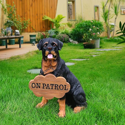 Outdoor rottweiler Dog Statue with Interchangeable Welcome sign and Detachable Solar Lantern –LED Light Garden Dog Sculpture Décor Garden Statue Outdoor dog statue Cute Puppy for Yard Porch Gift