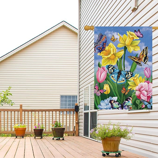 Louise Maelys Spring Garden Flag 28x40 Double Sided Vertical, Burlap Large Butterfly Floral Flower Welcome Yard House Outside Outdoor Summer Decoration