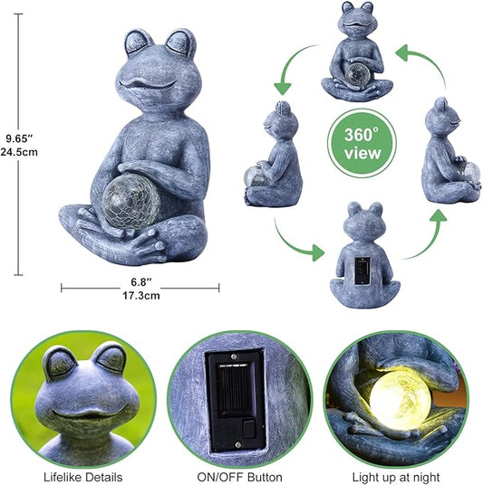 Meditating Yoga Frog Statue with Solar LED Light Ball - 6.8L x 9.65H Zen Garden Figurines for Home and Garden Decor, Frog Decorations Gift Ideas, Gifts for Women Mom