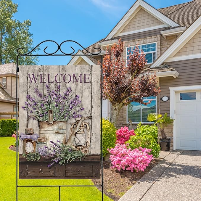 Hzppyz Welcome Spring Summer House Flag Lavender Flower Bucket, Floral Decorative Garden Yard Lawn Outdoor Large Burlap Flag Lantern Decor, Vintage Farmhouse Seasonal Outside Decorations Double Sided 28 x 40