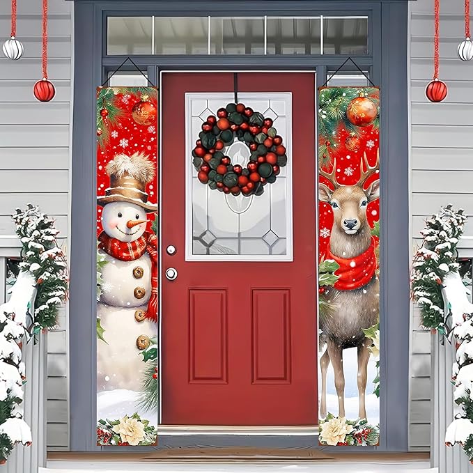 BlissYard Red Christmas Snowman and Reindeer Banners for Front Door Merry Christmas Door Banner Holiday Welcome Home Christma Decorations Xmas Porch Signs Winter Holiday Decor Elegant Porch Party Supplies 12x71 Inch