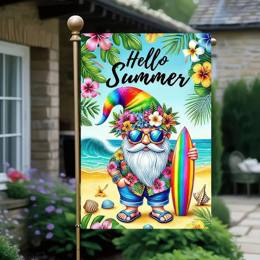 BlissYard Hello Summer Garden Flag Beach Gnome Flag 12x18 Inch Double Sided Welcome Summer Holiday Yard Flag Outside Decoration Farmhouse Outdoor Small Decor