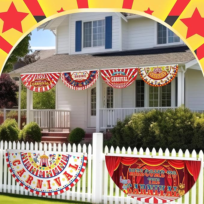 6 Pcs Circus Carnival Decoration Bunting Welcome Carnival Half Banner Red and White Striped Pattern Bunting Flag for Circus Garden Decor, 1.5 x 3 ft