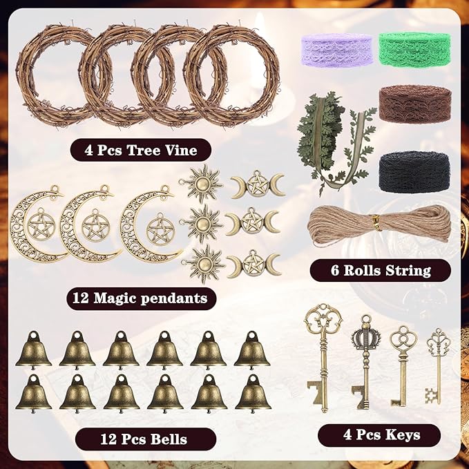 RENEMEGO 4 Set Bells for Door - DIY Witchcraft Supplies Kit Hanging Wind Chimes for Door Knob Wiccan Stuff Samhain Home Decor for House Bedroom Garden Wall Witch