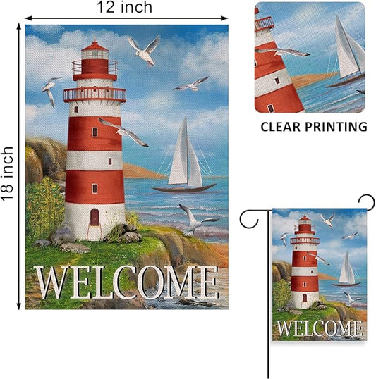 Spring Summer Lighthouse Garden Flag, Coastal Seagull Birds Yard Beach Nautical Sailboat Outside Decoration, Ocean Outdoor Small Burlap Decor Double Sided 12 x 18