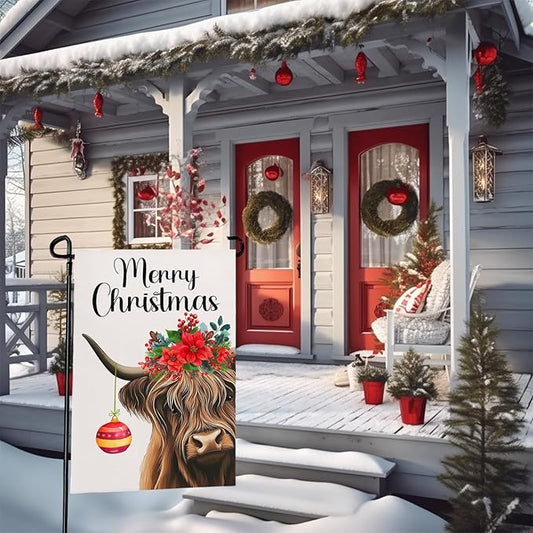 Merry Christmas Garden Flag Highland Cow with Santa Ball Premium Yard Flags Red Holly Flowers Double Sided House Banners Xmas Cows Seasonal Happy Holiday Farmhouse Banner 12x18 Inch